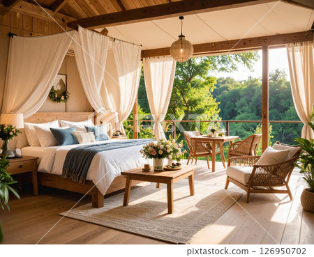 Refreshing summer outing scenery image, summer vacation glamping 126950702