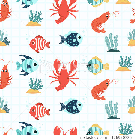 Seamless underwater Pattern. Cute tropical fish Crayfish, Shrimp and Sea Plants and algae on checkered white Background. Vector Illustration. Kids collection Seamless underwater Pattern. Cute tropical fish Crayfish, Shrimp and Sea Plants and algae on checkered white Background. Vector Illustration. Kids collection 126950726