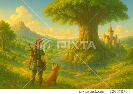 一位手持寶劍的旅人和一隻狐狸仰望高聳的樹木和城堡的奇幻風景。 126950794
