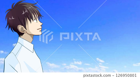 Anime-style illustration of a profile of a male student or working adult in a dress shirt looking up at the blue sky, facing right, with space to the right Anime-style illustration of a profile of a male student or working adult in a dress shirt looking up at the blue sky, facing right, with space to the right 126950801