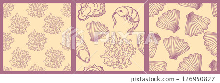 La dolce vita themed seamless pattern set with Seafood. The Scallop, Shrimp, Coral, Oyster in monochrome Vintage style. Hand-drawn vector inspired by Summer Italian aesthetic. La dolce vita themed seamless pattern set with Seafood. The Scallop, Shrimp, Coral, Oyster in monochrome Vintage style. Hand-drawn vector inspired by Summer Italian aesthetic. 126950827