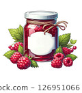 A jar of raspberry jam surrounded by fresh raspberries and green leaves. The jar has a blank label and is tied with twine. 126951066