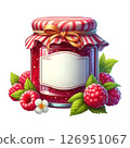 A jar of raspberry jam with a striped lid, surrounded by fresh raspberries and green leaves. 126951067