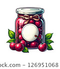 A jar of cherry jam with a silver lid and a bow. Fresh cherries and green leaves surround the jar. 126951068