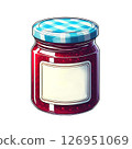 A glass jar filled with red jam.  126951069