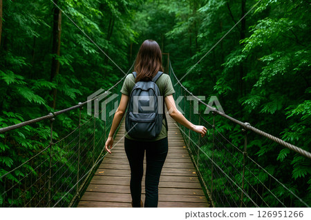 Back view of a young woman crossing a cloud bridge 126951266