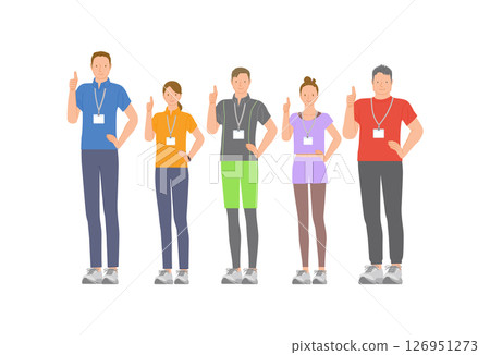 Gym young energetic male and female staff set: smile and good sign 126951273