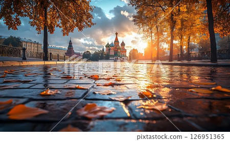 Autumn splendor at Red Square, Moscow: A vibrant cityscape in golden light 126951365