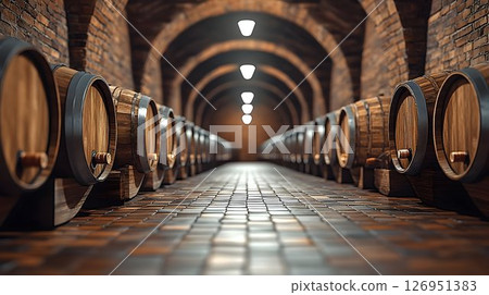 Atmospheric wine cellar with arched brick ceilings and wooden barrels 126951383