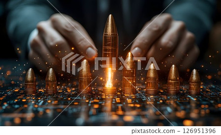 Technological Supremacy: Bullets on a Circuit Board with Golden Sparks 126951396