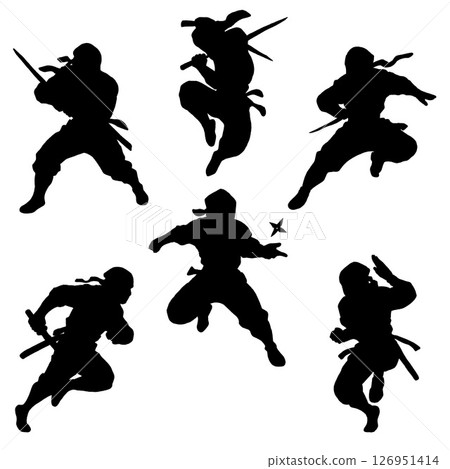 忍者姿勢集剪影素材（戰鬥、跳躍、劍、手裡劍） 126951414