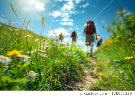 Group of friends hiking together on a sunny summer day, enjoying natures beauty 126951529