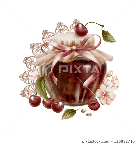 Cherry jam in glass jar covered fabric lid with ribbon bow and rustic crochet border trim.Watercolor illustration isolated on white.Marmelade jar,cherries,flowers leaves with pits in vintage style 126951716