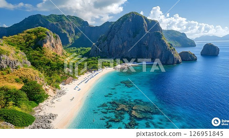 Aerial view of idyllic tropical beach with turquoise water in El Nido Aerial view of idyllic tropical beach with turquoise water in El Nido 126951845