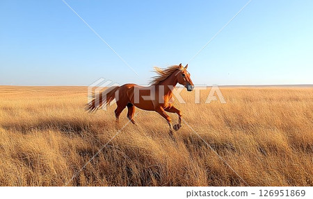 Majestic horse galloping freely across a golden field under a clear sky 126951869
