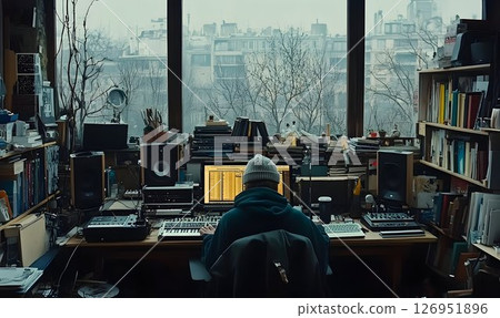Creative music studio workspace with a composer working near a large window Creative music studio workspace with a composer working near a large window 126951896