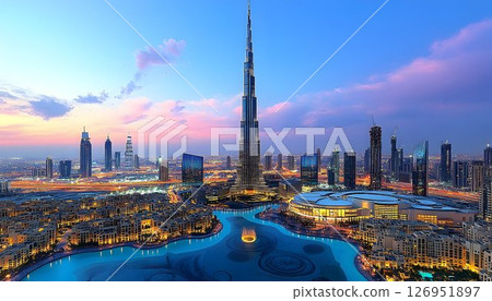 Spectacular aerial view of Dubai skyline at twilight with Burj Khalifa 126951897