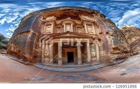 Panoramic view of Al-Khazneh, Treasury in Petra, Jordan carved in sandstone 126951898