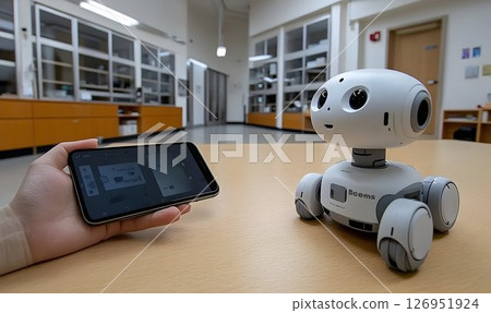 Control a small robot with a smartphone from the table in the laboratory 126951924