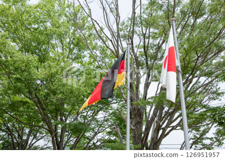 German and Japanese flags fluttering in the front yard of the German House in Naruto City 126951957