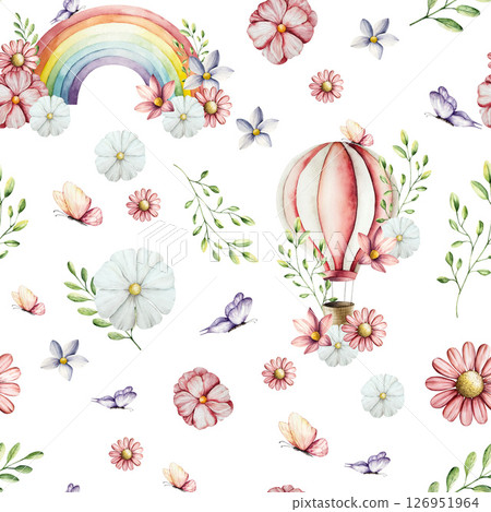 Seamless pattern with air Balloon with basket. Watercolor hand drawn rainbow magical clipart with Spring flowers and branches with leaves. Gerbera, chamomile, echinacea isolated on background, cartoon 126951964
