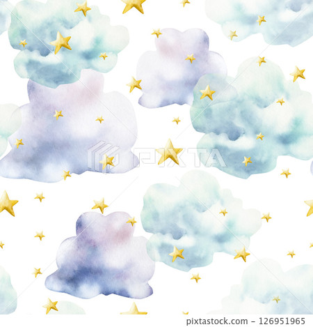 Air clouds and golden stars seamless pattern. Watercolor pastel cotton candy. Hand drawn illustration isolated on background. Cartoon night sky. Baby shower design elements. Party invitation, birthday 126951965