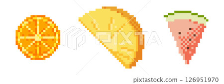 Set of tropical fruit slices in pixel art style. Includes watermelon, pineapple and citrus. Perfect for summer themes, menus, games or digital decoration. 126951970