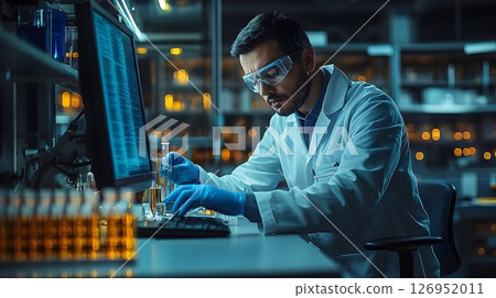 Dedicated Scientist Examining Test Tubes and Data in Modern Laboratory 126952011