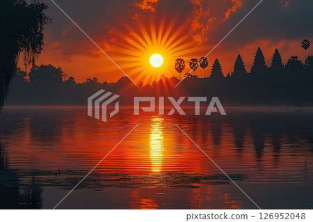 Angkor Wat illuminated by the rising sun, reflecting across the lake 126952048