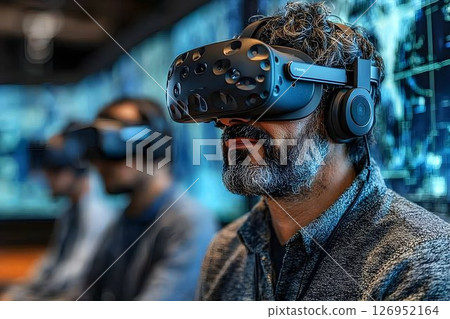 People experiencing immersive virtual reality technology with modern VR headsets 126952164