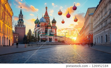 St. Basil's Cathedral and Moscow Kremlin at Sunset in Moscow, Russia 126952184