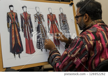 Fashion designer crafting elegant gown sketches with historical aesthetic touch Fashion designer crafting elegant gown sketches with historical aesthetic touch 126952262