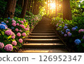Stairs leading to the summit and hydrangeas in the evening 126952347