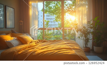 Sunlit bedroom sanctuary with warm tones and verdant indoor plants, a tranquil retreat Sunlit bedroom sanctuary with warm tones and verdant indoor plants, a tranquil retreat 126952424