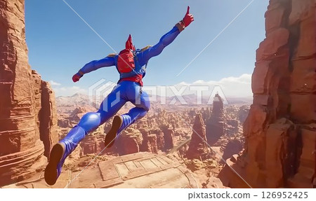 Soaring Superhero Silhouette against Majestic Desert Landscape Scenery Soaring Superhero Silhouette against Majestic Desert Landscape Scenery 126952425