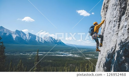 A dedicated climber ascends a cliff, showcasing the challenges of mountain adventure 126952468