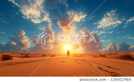 Solitary Journey: Silhouette Riding Camel Through the Expansive Desert at Dawn 126952469
