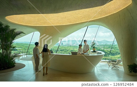 Architectural marvel hotel reception with panoramic views and serene atmosphere Architectural marvel hotel reception with panoramic views and serene atmosphere 126952484