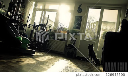 Home Gym with Dog in Sunlight: A Blend of Fitness, Pet Companionship 126952500
