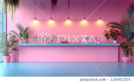 Pink laboratory setting with scientist, plants and experiment setup Pink laboratory setting with scientist, plants and experiment setup 126952505