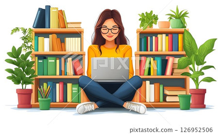 Illustration of a student using a laptop surrounded by bookshelves, plants 126952506