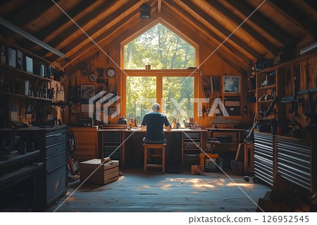 Man working in a well-lit workshop with a scenic view of nature outside 126952545