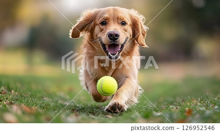 Golden Retriever Chasing a Tennis Ball in a Park on a Sunny Day 126952546