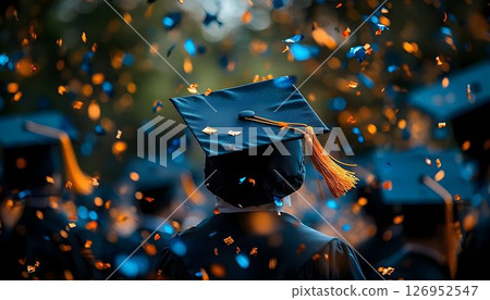 Graduation Day Celebration with Confetti Showers over Cap and Gown 126952547