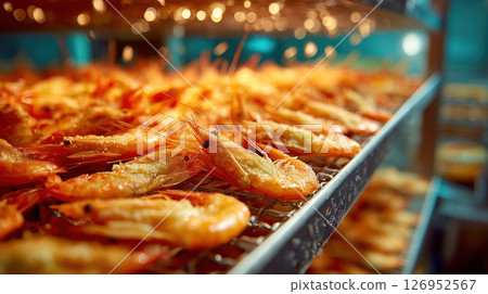 Fresh shrimp on metal racks in individual quick freezing facility, seafood processing vibrant orange color industrial background 126952567
