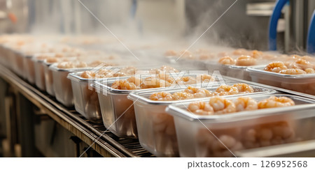 Shrimp seafood frozen plastic container factory production steam processing freshness industrial 126952568