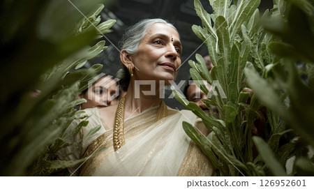 Elegant Indian woman in traditional saree smiling among green plants, surrounded by adults, joyful and serene atmosphere 126952601