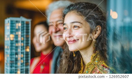 Smiling young woman in traditional clothing with family, standing indoors near window, holding building model, joyful mood 126952607