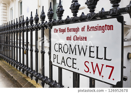 Cromwell Place SW7 Street Sign in Kensington, London with Ornate Iron Fence 126952678