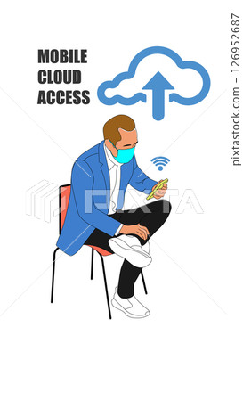 Man in mask using smartphone for mobile cloud access while seated, illustrating digital connectivity and remote data access 126952687